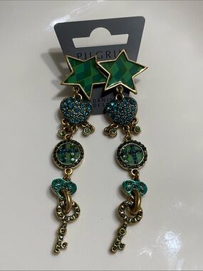 Pilgrim Green Star & Key Swarovski Crystal Earrings